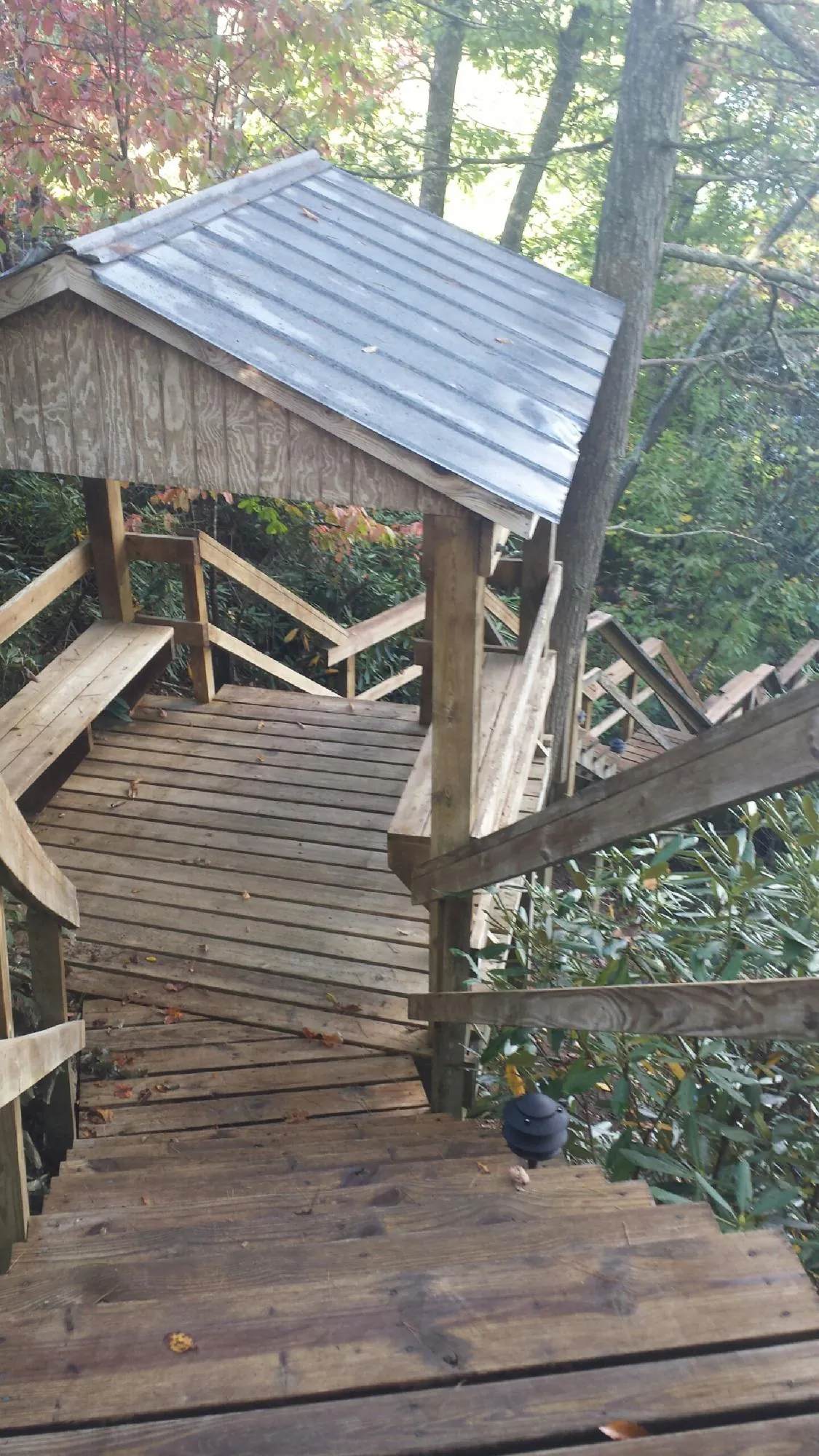Metal roofed shelter over wooden steps on a wooded walkway — Skylight Repair & Installation work by our crew in Summit Argo